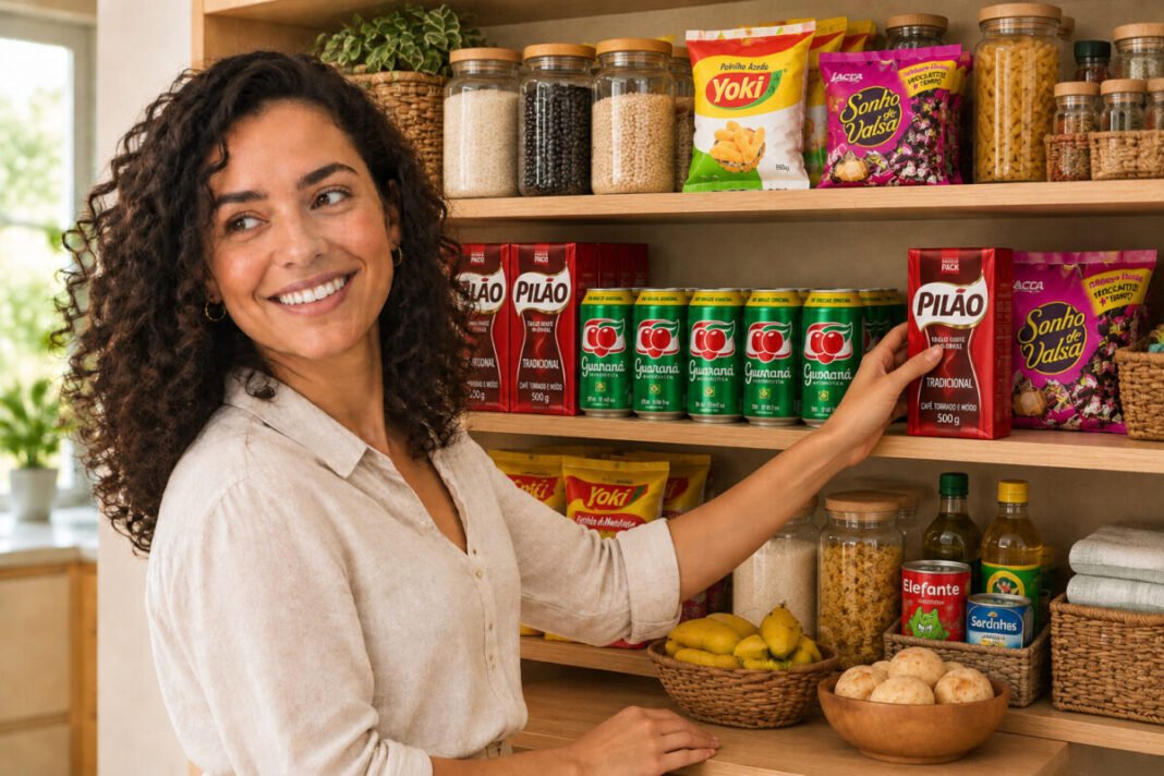 Woman reaching into a well-stocked pantry filled with Brazilian groceries: Café Pilão coffee, Guaraná Antarctica, Yoki and Sonho de Valsa