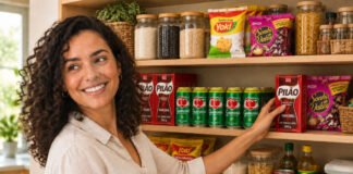 Woman reaching into a well-stocked pantry filled with Brazilian groceries: Café Pilão coffee, Guaraná Antarctica, Yoki and Sonho de Valsa